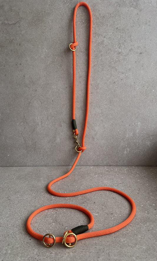Hands-free line m. indbygget halsbånd Neon Orange/Army Green